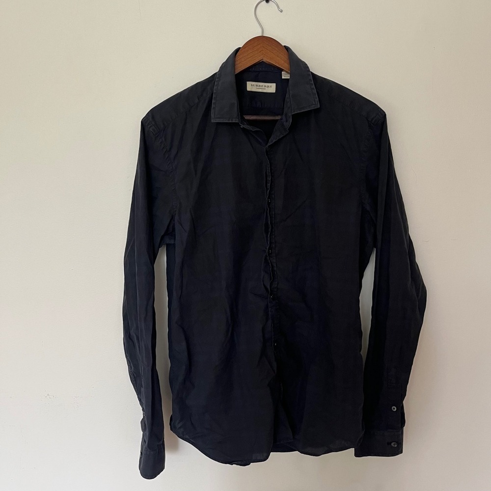 Burberry London Mens Navy Blue Tonal Check Long Sleeve Button Down Shirt 16.5 42